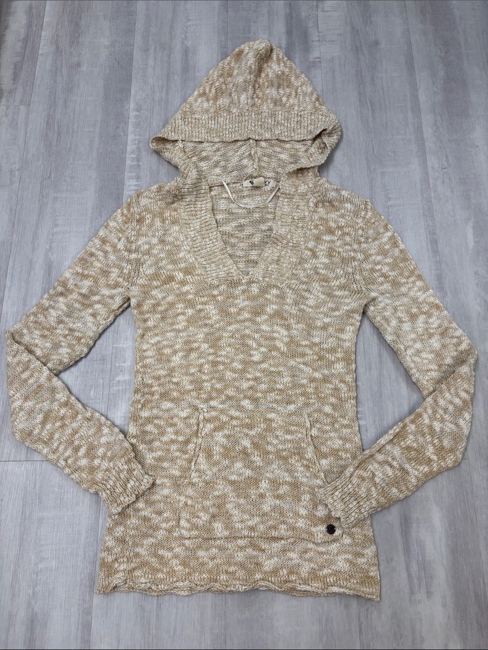 Roxy Marled Hooded Tunic Sweater - Beige/Cream Medium